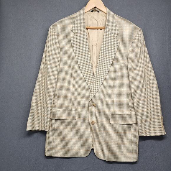 Vintage Austin Reed Mens Sport Coat Blazer 44S Tweed Houndstooth Cream Tan Green